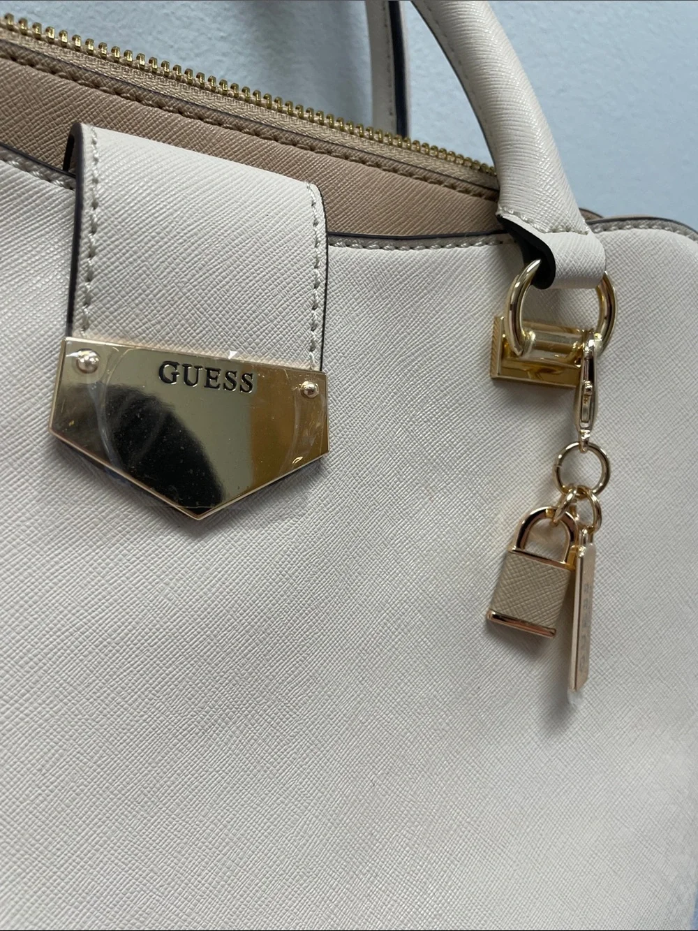 Guess Cream and Tan Structured Satchel with Gold Hardware • Like New!